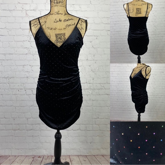Forever 21 Black Velvet Colorful Sparkles Ruched Sides Bodycon Dress - Picture 1 of 1